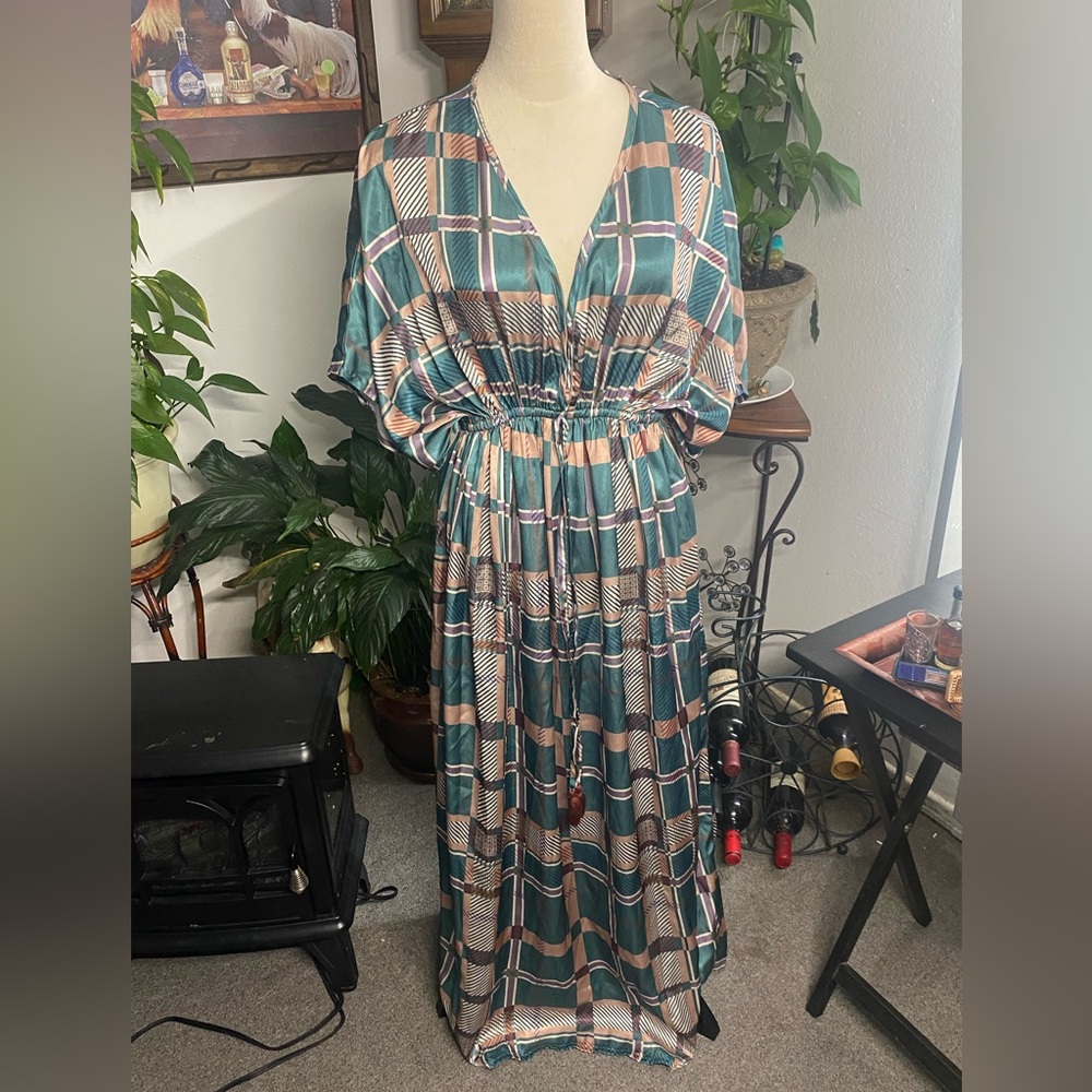 Cost Plus World Market Teal and Peach Plaid Maxi Dress